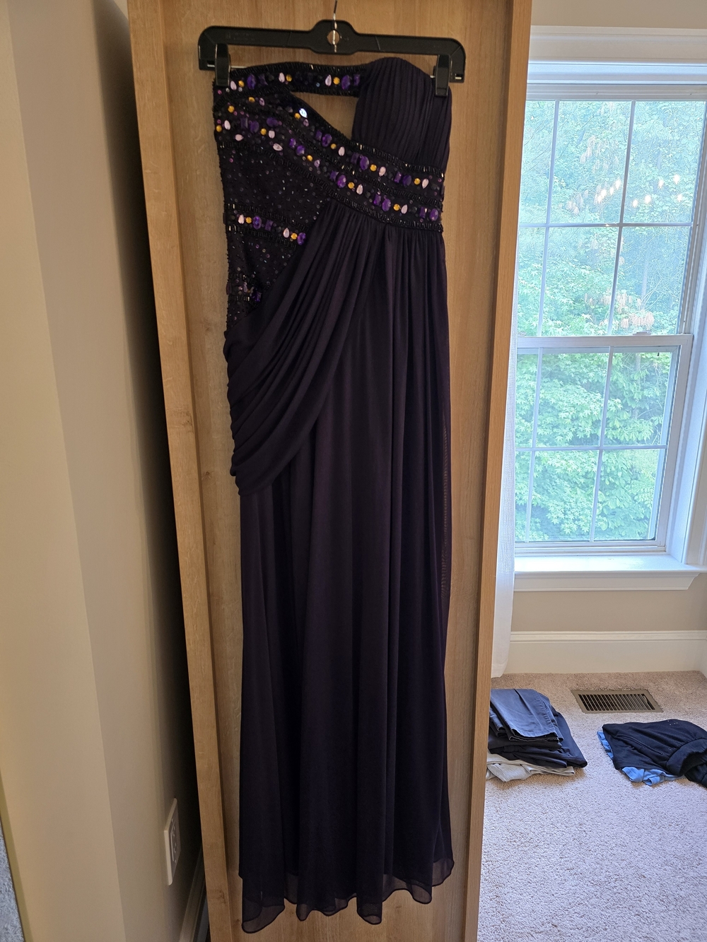 Shimmer Strapless Evening Gown with Beaded Waist in Deep Purple